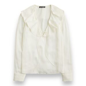 J Crew Goldie Top in Ivory Satin Long Sleeve Ruffle V Neck Womens Size S